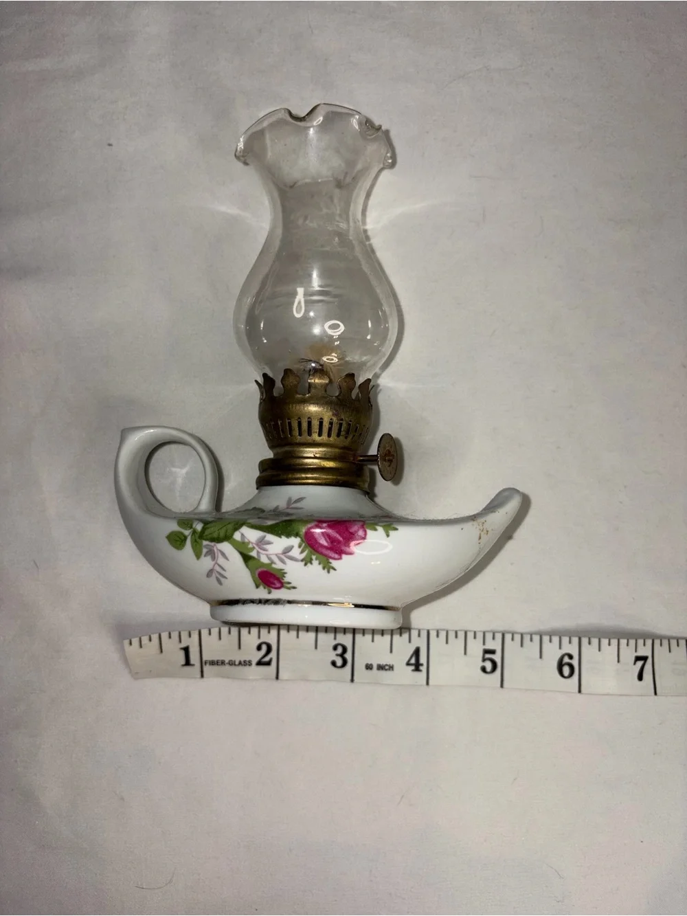 Miniature Vintage Floral Ceramic Oil Lamp with Glass Chimney perfect